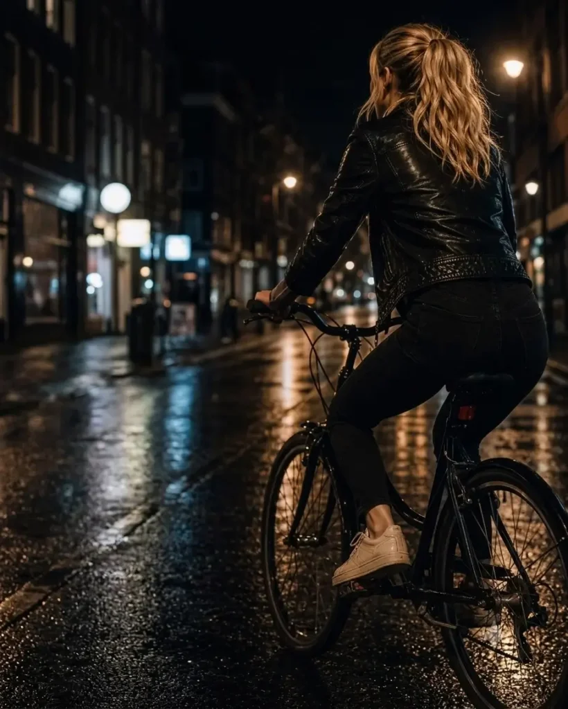 Een zelfverzekerde vrouw die s'nachts over straat fietst